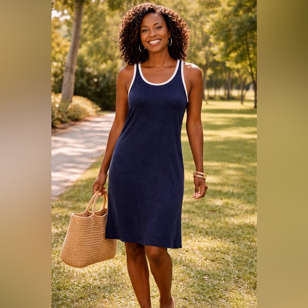 Michael Stars Navy Racerback Tank Dress with‎ White Edging. 100% Lined Linen.